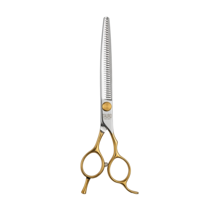 Perfection by Janita J. Plungė professional curved thinning (chunker) scissors for grooming, right-handed, stainless steel, silver with gold handles, 18 cm - 0