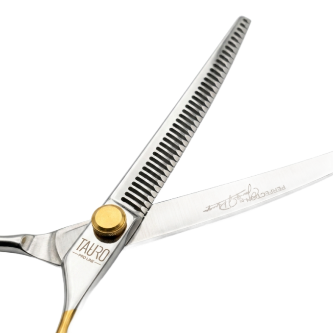 Perfection by Janita J. Plungė professional curved thinning (chunker) scissors for grooming, right-handed, stainless steel, silver with gold handles, 18 cm - 1