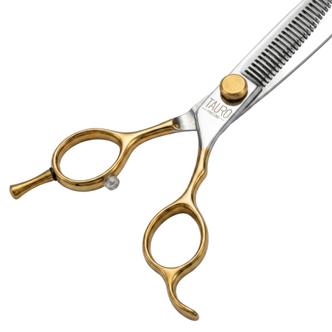 Perfection by Janita J. Plungė professional curved thinning (chunker) scissors for grooming, right-handed, stainless steel, silver with gold handles, 18 cm - 3
