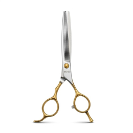 Perfection by Janita J. Plungė professional curved thinning scissors for grooming, right-handed, stainless steel, silver with gold handles, 18 cm