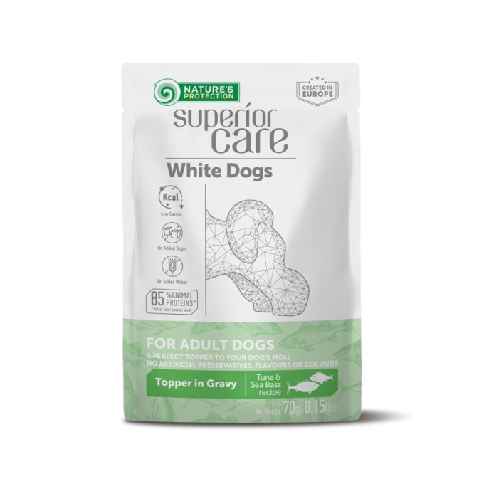 wet food supplement with tuna and sea bass for adult white-coated dogs of all breeds - 1