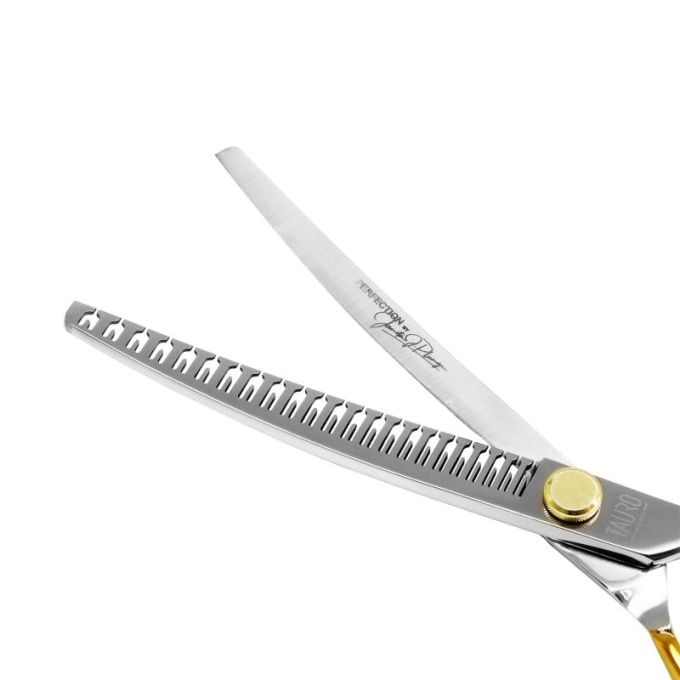 cutting scissors "Perfection by Janita J. Plunge", curved, thinning (chunker), 23 teeth, 440c stainless steel, golden color, 18 cm (7'') - 2